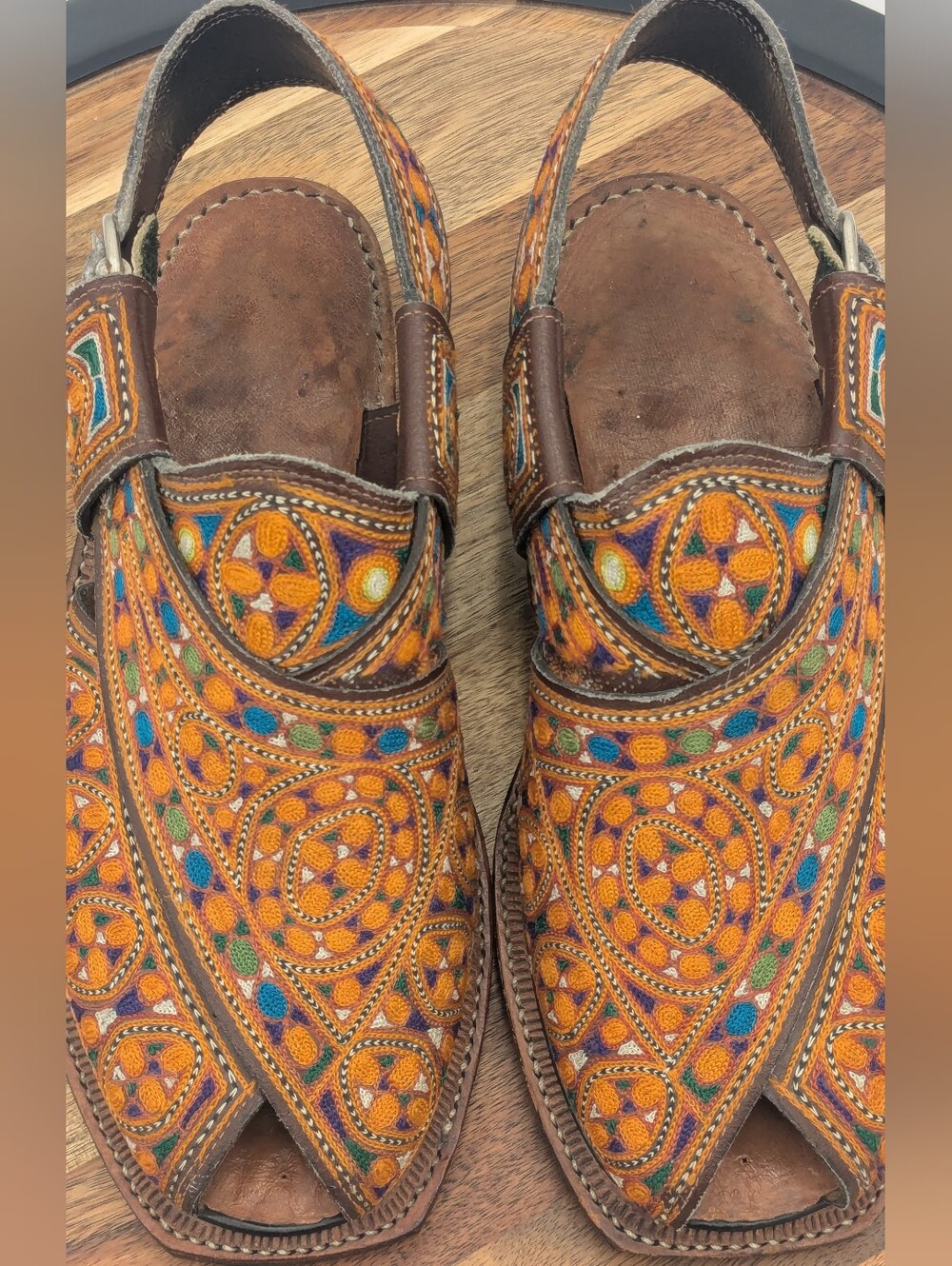 Authentic Pakistani Hand-Embroidered Resham Work Leather Peshawari/Sandals
